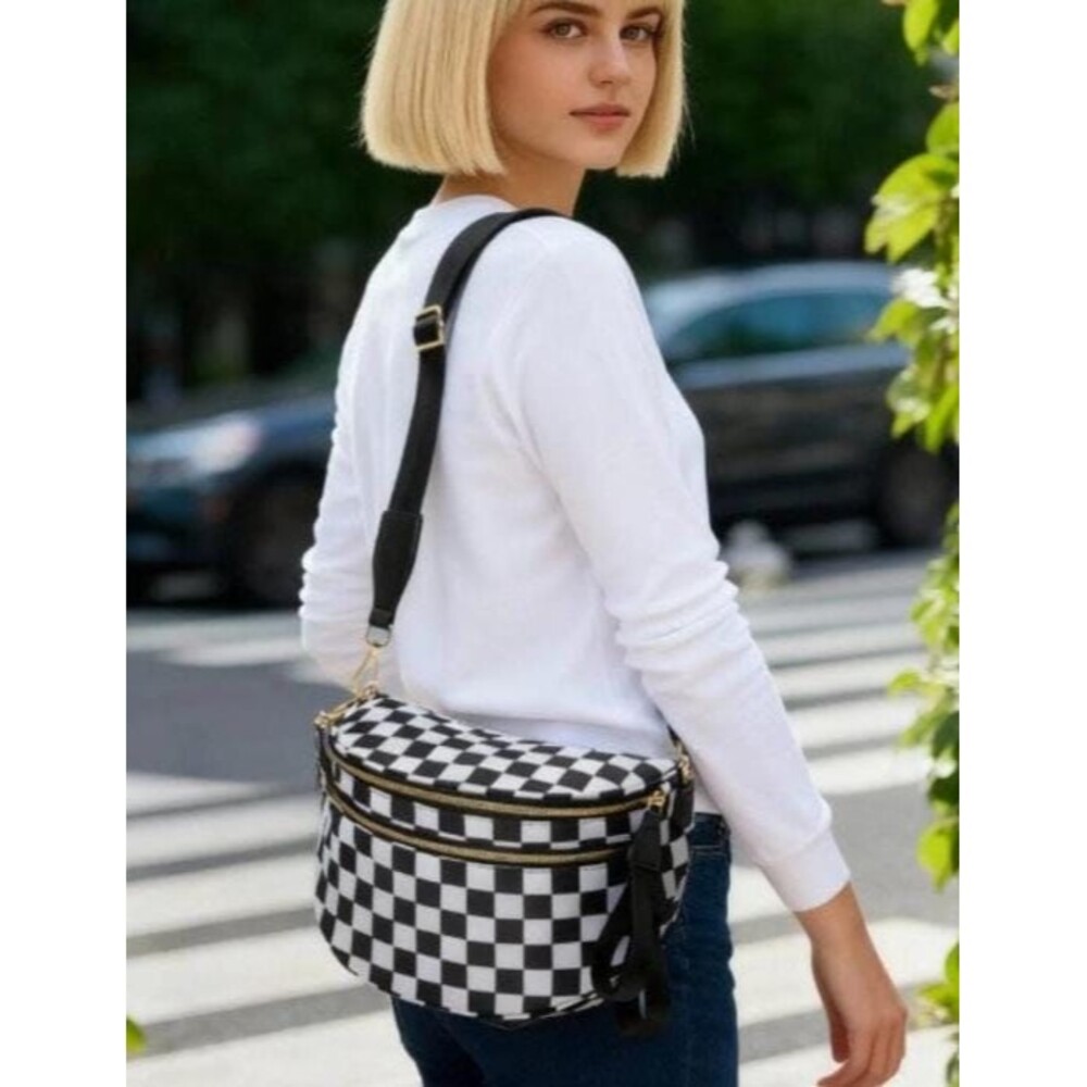 Brown Nylon Checker Crossbody Adjustable Sling Purse Lightweight Shoulder Bag - Picture 4 of 9